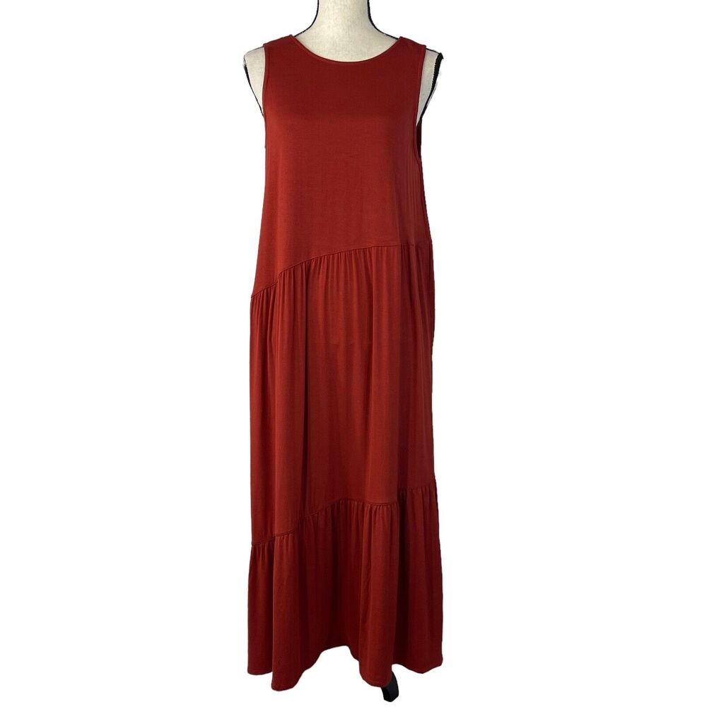 Alfani Medium Maxi Dress Sleeveless Round Neck Stretch Tiered Rust Red Keyhole